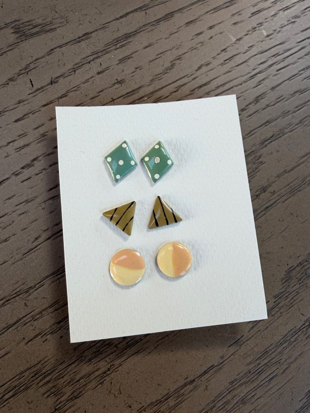 Vintage 1980’s 3-Pair Fun Shape Enamel Stud Earring Set - Green, Tan, Peach